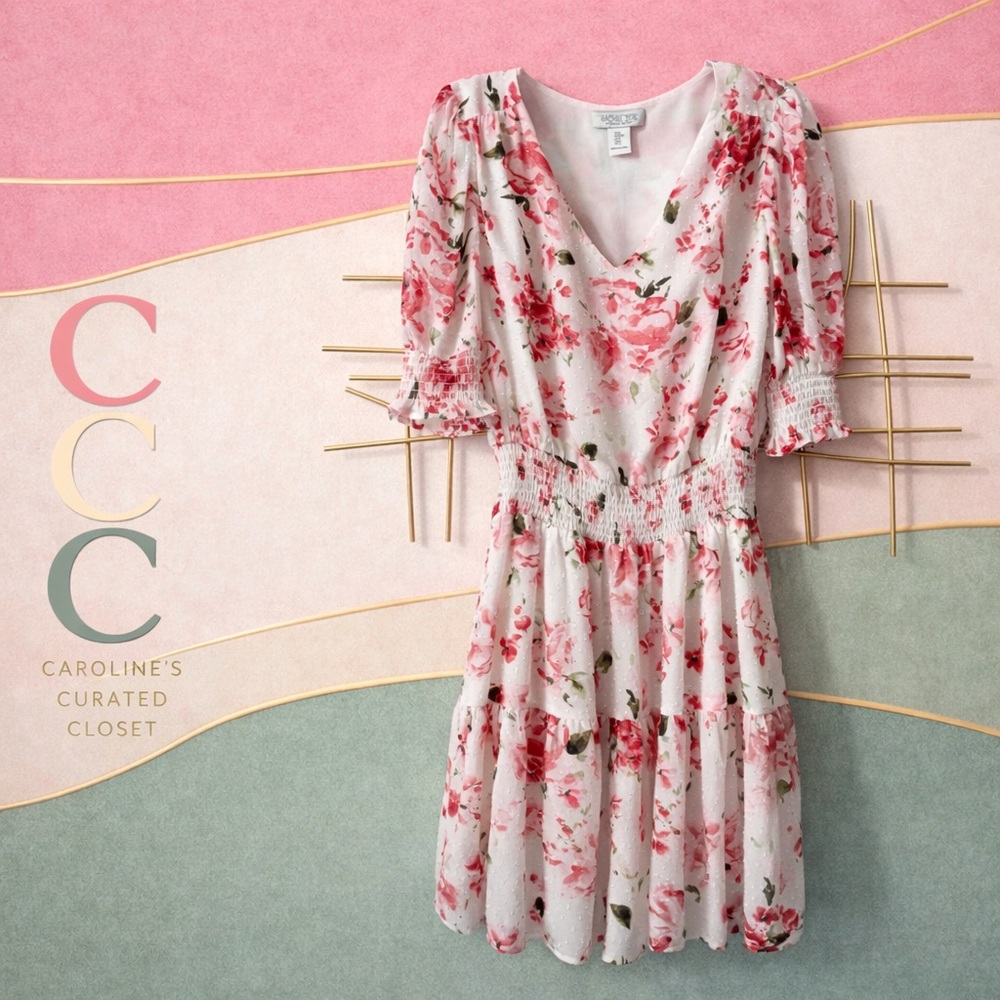 Medium size Rachel Zoe Floral Smocked Waist Dress Pink & White Romantic